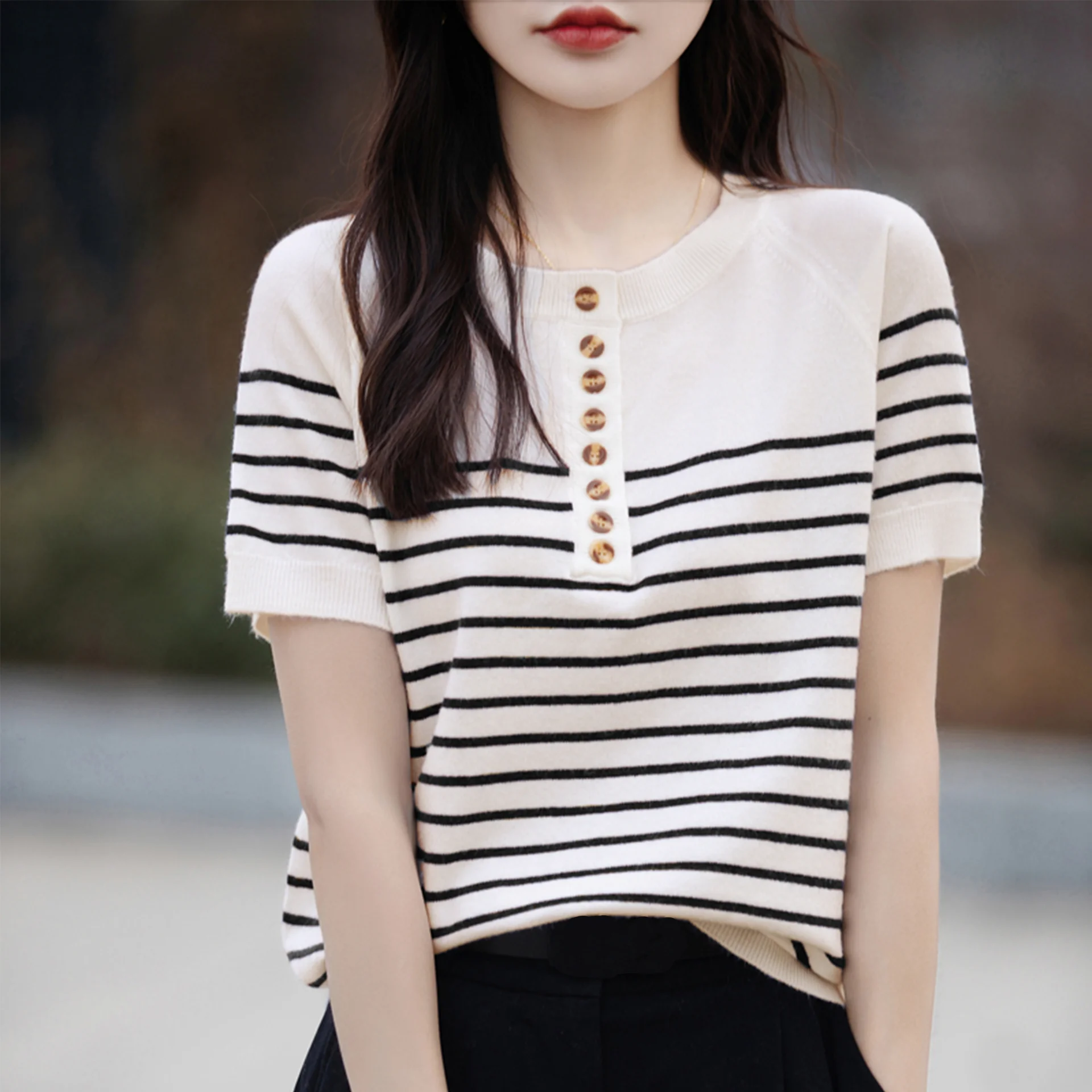 O-Neck Stripe Knitted Sweater Shirt For Women Summer Short Sleeve Thin Casual Pullover T- Shirt Korea Fashion Knit Tops Girl