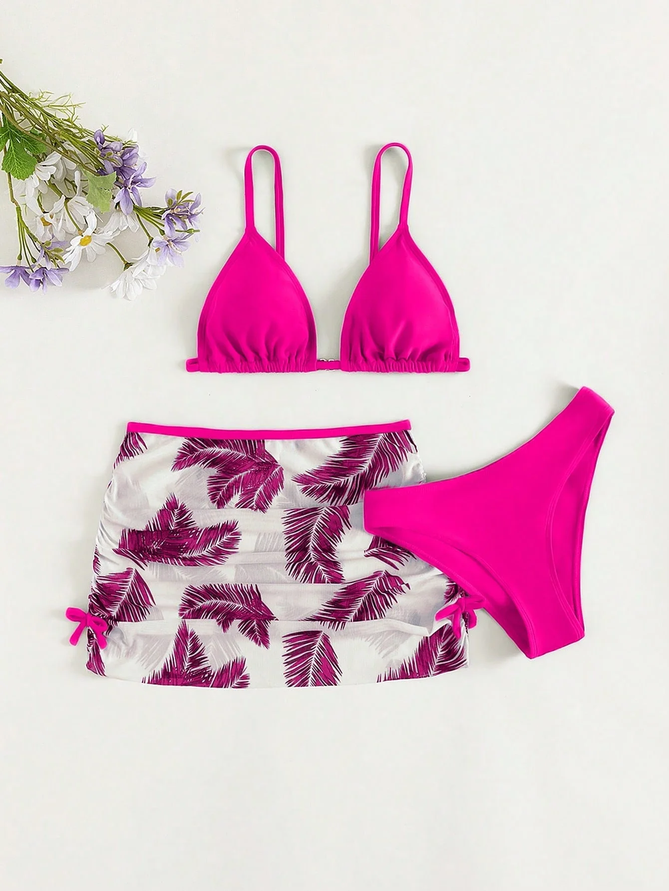 

Women Tropical Print Bikini Set With Beach Skirt Summer Swimwear