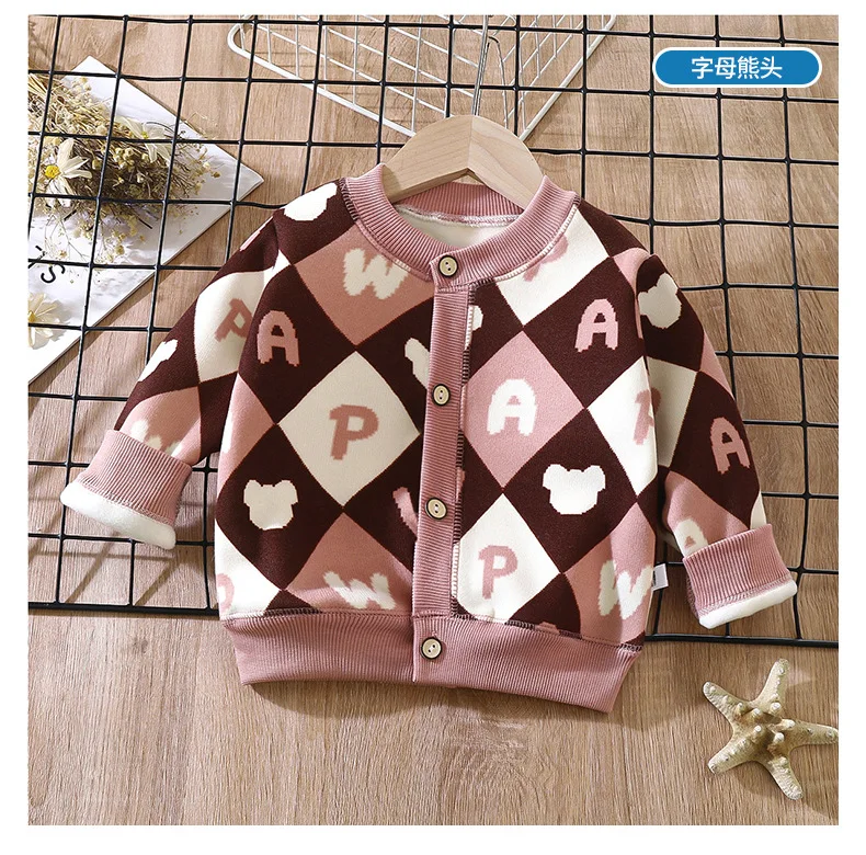 Herbst-Winter-Strickjacke für Jungen und Mädchen, verdickt, warm, mit Muster, weiches und bequemes Innenfutter, Kinderjacke, dehnbarer Pullover für Babys und Kinder. – Detail 11