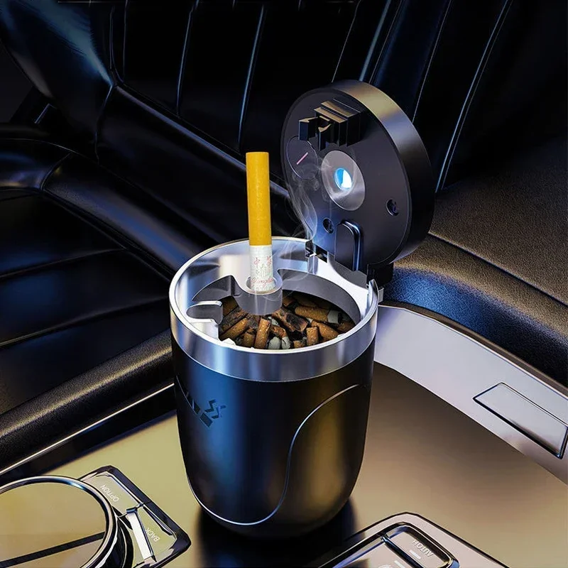 Car Ashtray With LED Light Universal Alloy Ash Tray Aluminum Cup Smokeless Auto Ashtray Flame Retardant Cigarette Holder Box