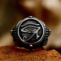 2024 New Style 316L Stainless Steel Eye of Horus Ring Punk Mysterious Ancient Egypt Pharaoh Text Symbol  Men's Jewelry