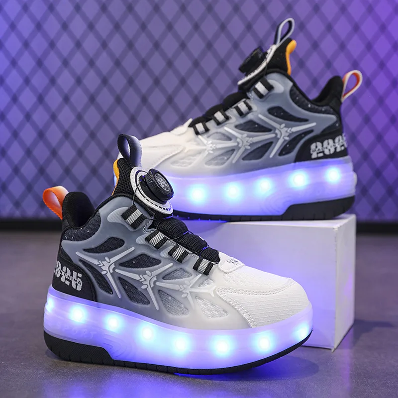 Children's runaway shoes 2024 new pulley skating boys rainbow bottom sports shoes fashion Korean version of girls casual shoes