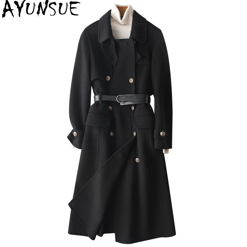 AYUNSUE 100% Real Wool Coat Autumn Winter Clothes Women Trending Fashion Long Coats Woman Woolen Jacket with Belt пальто 2024