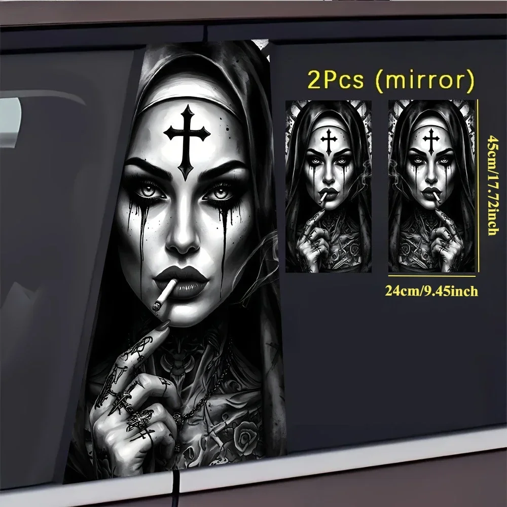 1Pair Tattooed Smoking Nun Car Stickers Self-Adhesive B-Pillar Decals Scratch-Resistant Self-adhesive Decals for Car Truck SUV