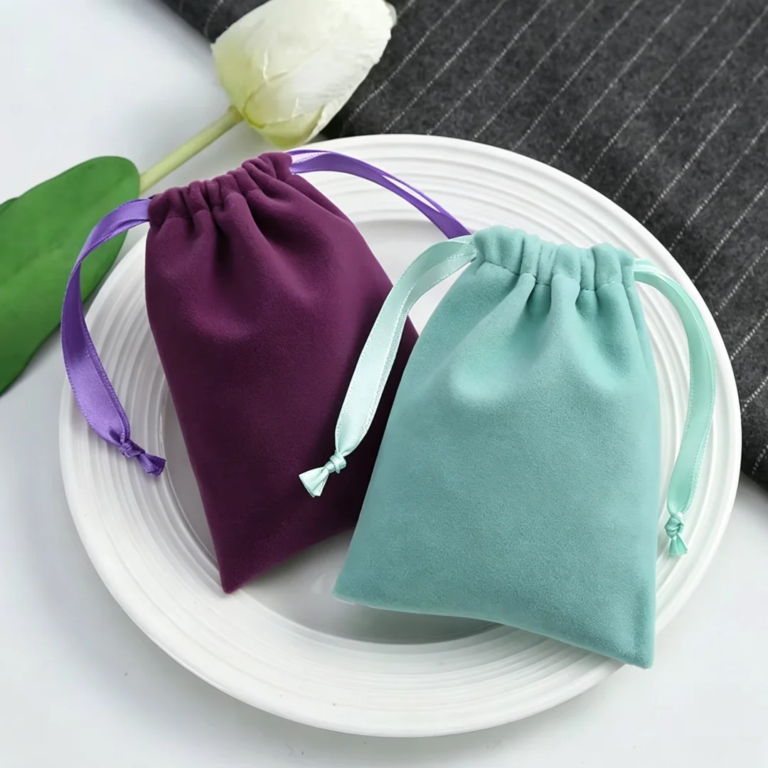 Thick Velvet Jewelry Bag Drawstring with Ribbon Small Pouches for Wedding Party Candy Bag Earring Packing Organizer Custom