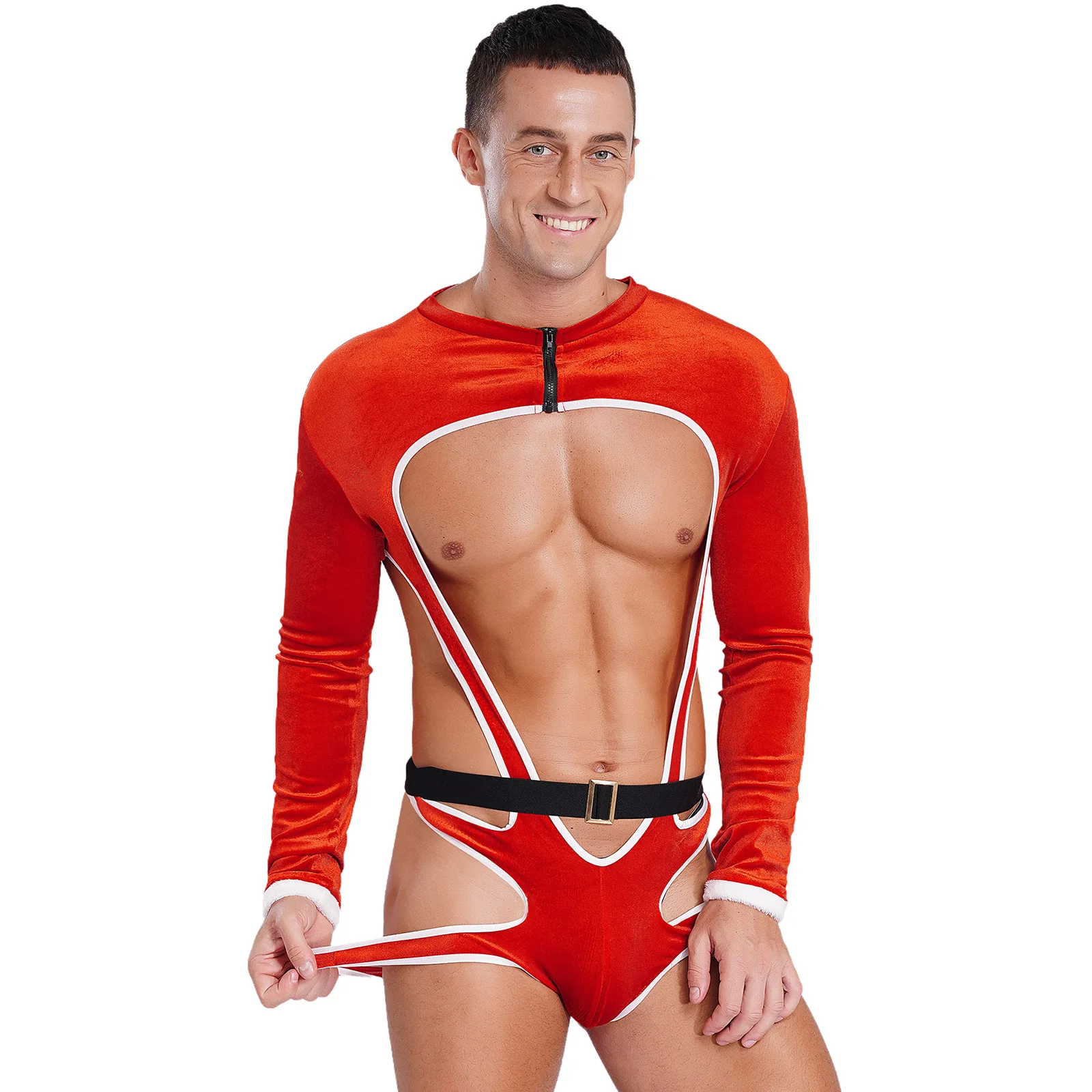 Adulto homem ano novo traje de natal bodysuit quente sexy santa veludo uma peça collant nightwear festival carnaval noite-clube bar