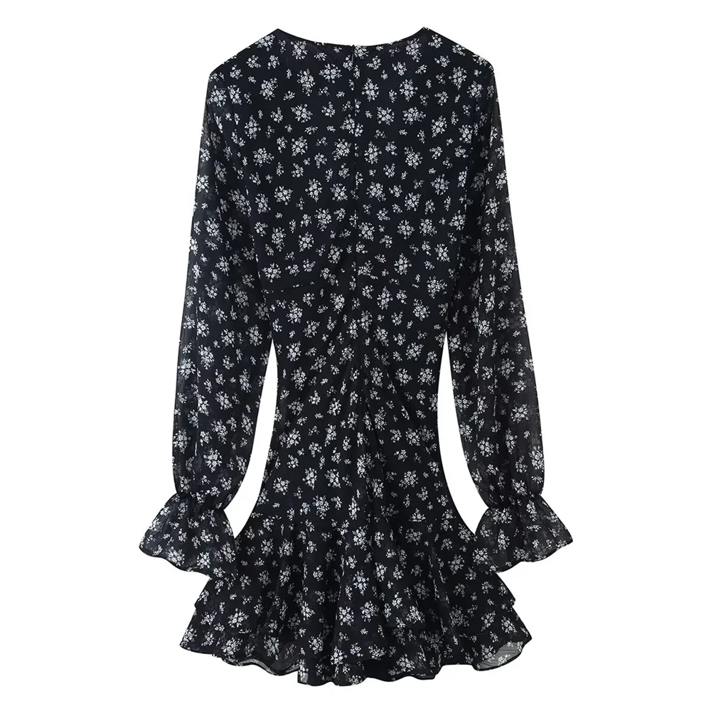 Outono novo estilo de deslocamento feminino impresso em camadas decoração com decote em v vestido de manga comprida