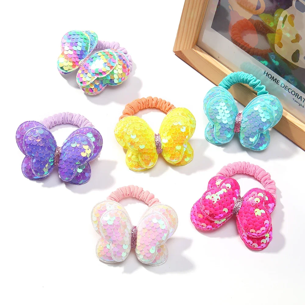 2Pcs New Cute Sequin Butterfly Girls Kids Ponytail Elastic Hair Bands Children Hair Ties Princess Hair Accessories Baby Headwear