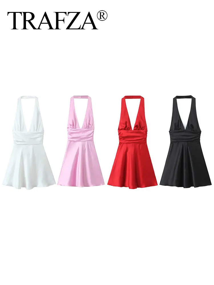 TRAF Female Fashion Beach A-Line Dresses White V-Neck Sleeveless Backless Bow Decoration Summer Mini Dress Woman 2024 Trendy