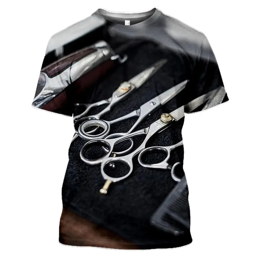 Summer Men Fun Barber Shop Tools t-shirt stampata Fashion 3d Printed O Collar manica corta Street Personality Loose Top 6xl