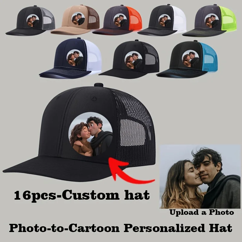 16PCS Custom Trucker Hats for Men Women - Personalized Photo-to-Cartoon Caps, Embroidery or Print Logo