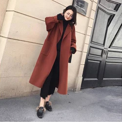 Women's Fashion Autumn/Winter New Slim Fit Waistband Flip Collar Woolen Coat