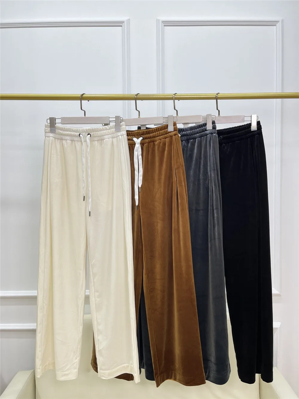 Imported Velvet Wide-Leg Pants For Women Elastic Waist Drawstring Straight Long Trousers High-Quality