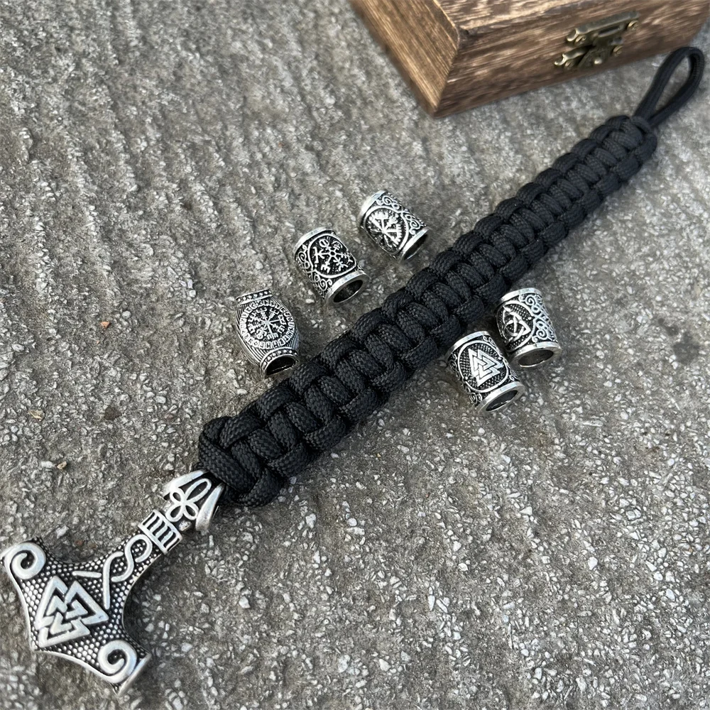 Viking Thor Hammer Valknut Vegvisir Runes Beads Jewelry Handmade Braided DIY Paracord Bracelet Mens Womens Accessories - Image 6