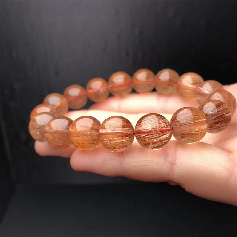 12mm Natural Copper Rutilated Quartz Bracelet Women Fashion Round Stone Elegant Healing Strand Bangles Wristband Gift 1PCS