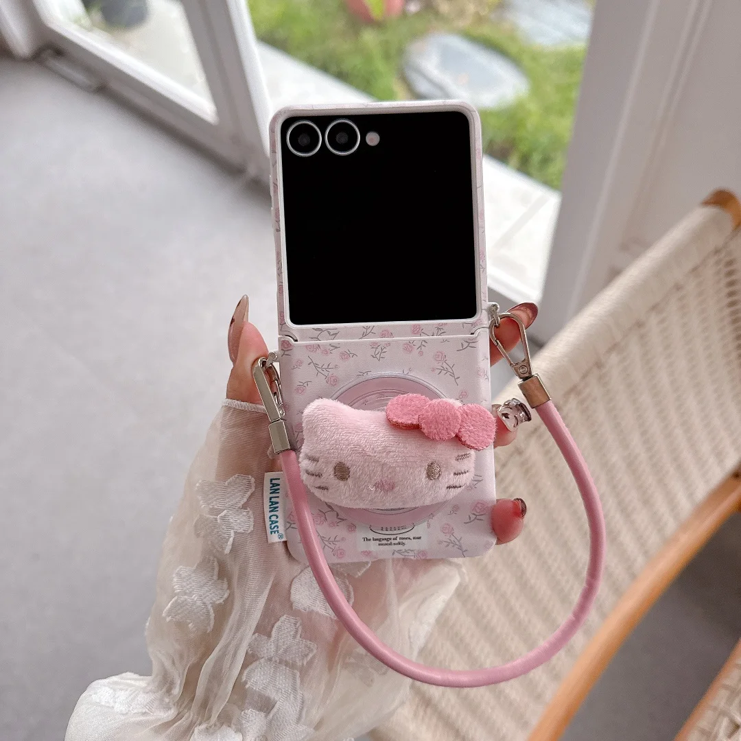

Kawaii Retro Pink Flower Magnetic Phone Case For Samsung Galaxy Z Flip 7 6 5 4 3 Flip5 Flip6 Flip4 Case with Magsafe Stand Chain