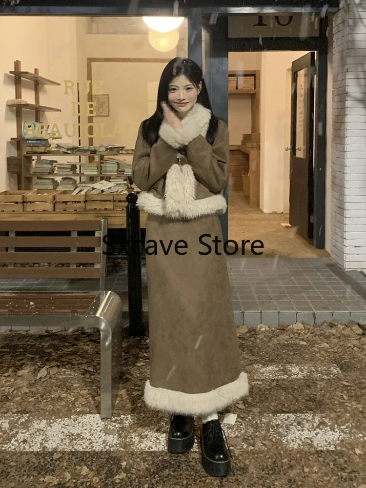 Kawaii Suits Blazers Jacket Coats + Skirts Korean Chic 2023 Winter Faux Fur 2 Piece Skirt Set Women Casual Y2k Clothing Outwear