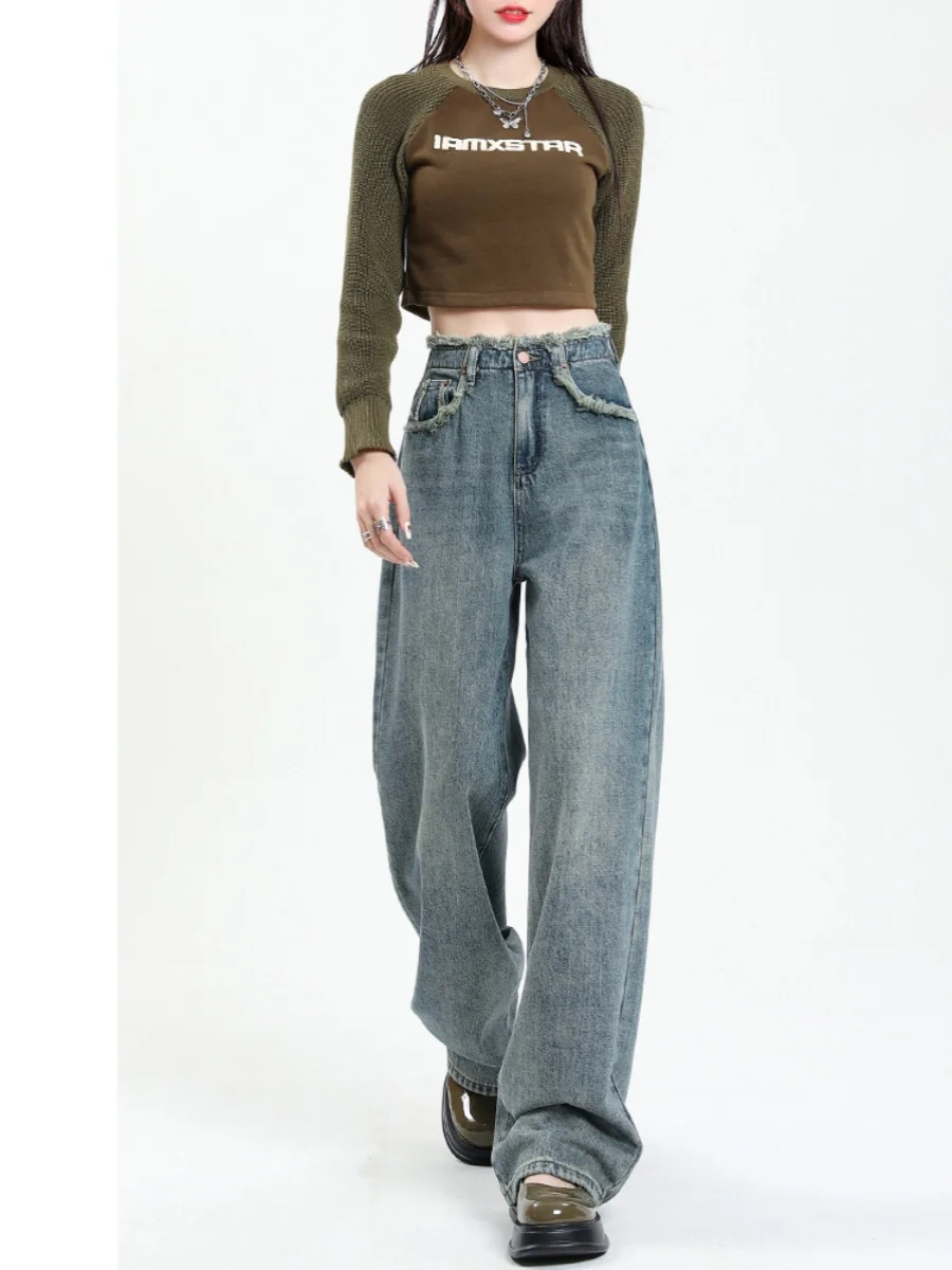 2025 Vintage Distressed-Jeans mit weitem Bein für Damen, Frühling und Sommer, neue lockere Passform, schlankmachende, drapierte Hose mit geradem Bein Wh6