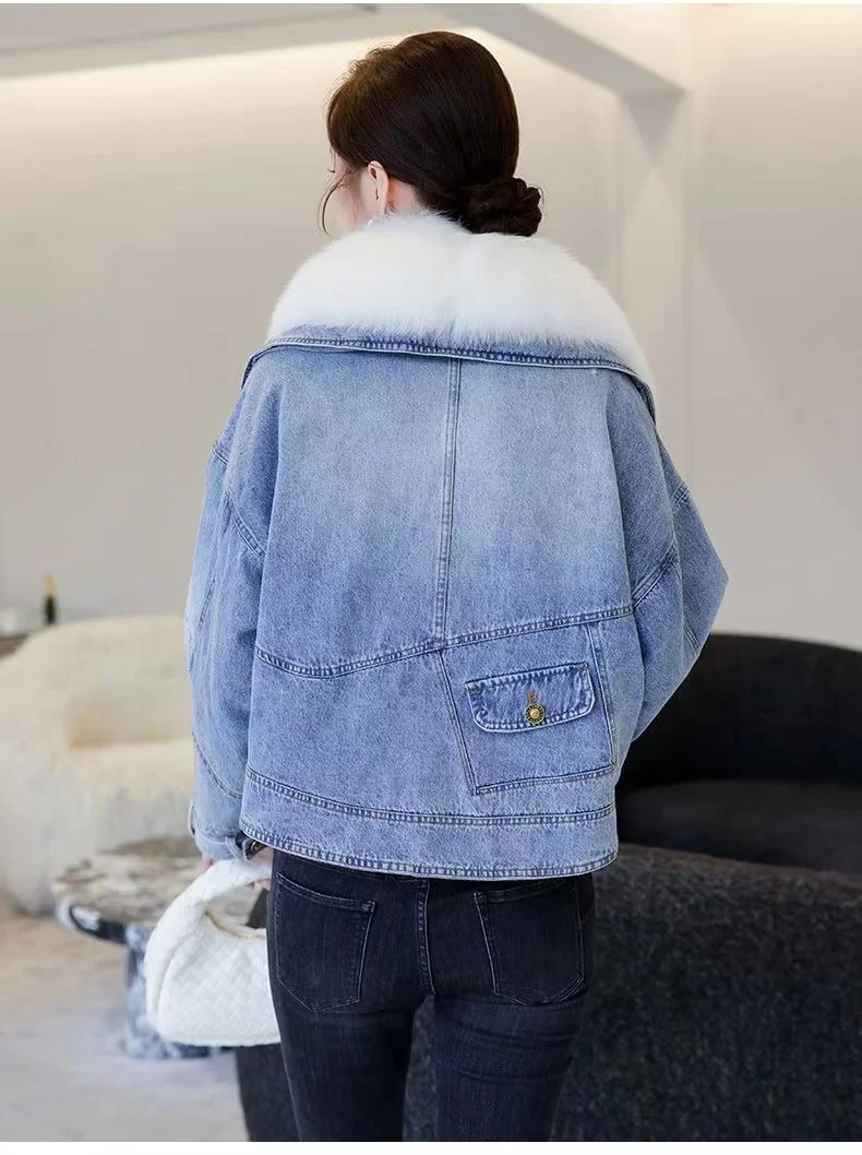 2023 Winter Women\'s New Luxury Natural Fox Fur Large Collar Goose Down Denim Down Coat Short Warm Casual Coat