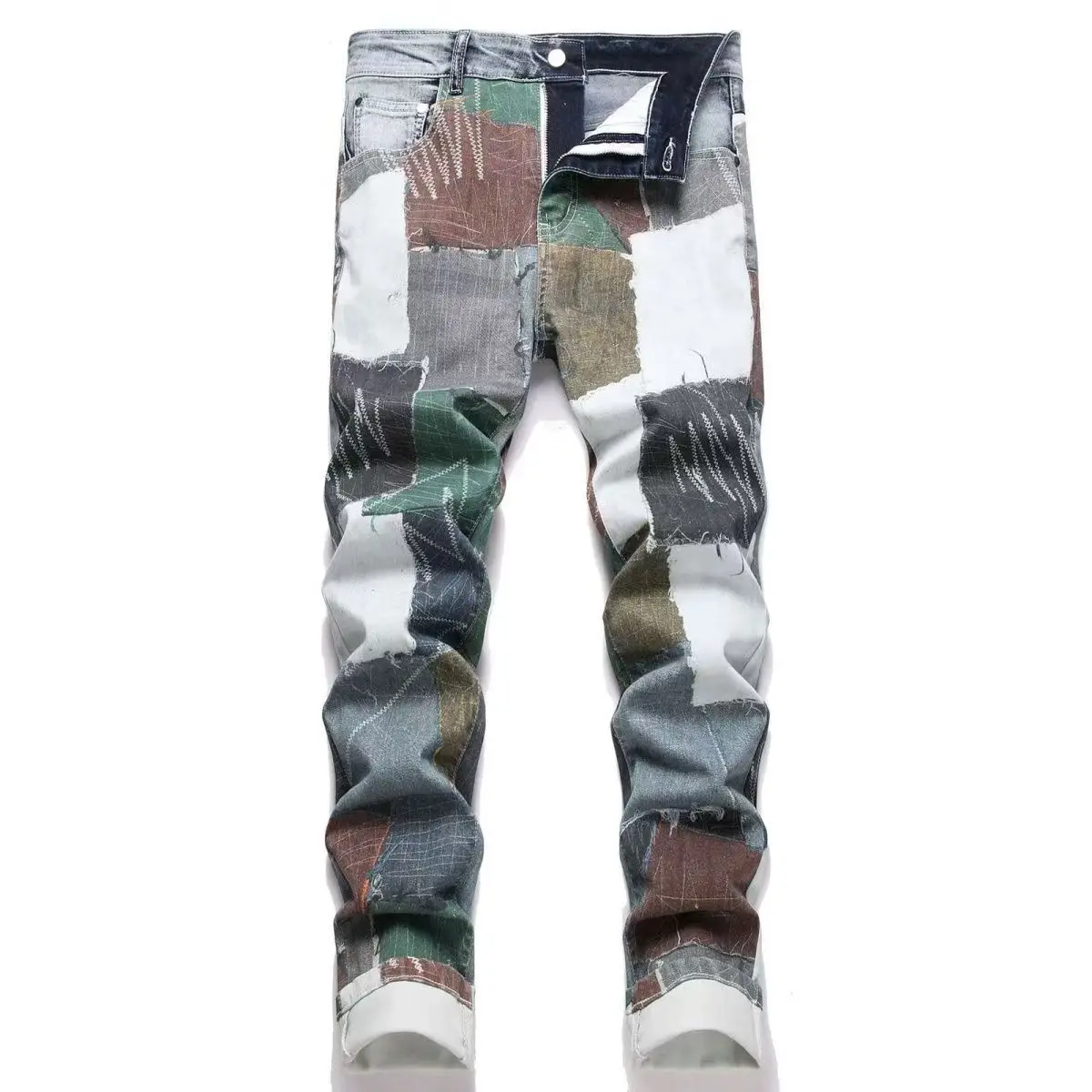 Y2K fashion new men's jeans stretch 3D printed slim fit washed nostalgic light blue jeans high street hip-hop brand splicing pan