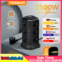 TESSAN Power Strip Vertical Tower Socket 12 Outlets 5 USB Ports EU Plug Multiple Socket with 2M Extension Cord Surge Protection
