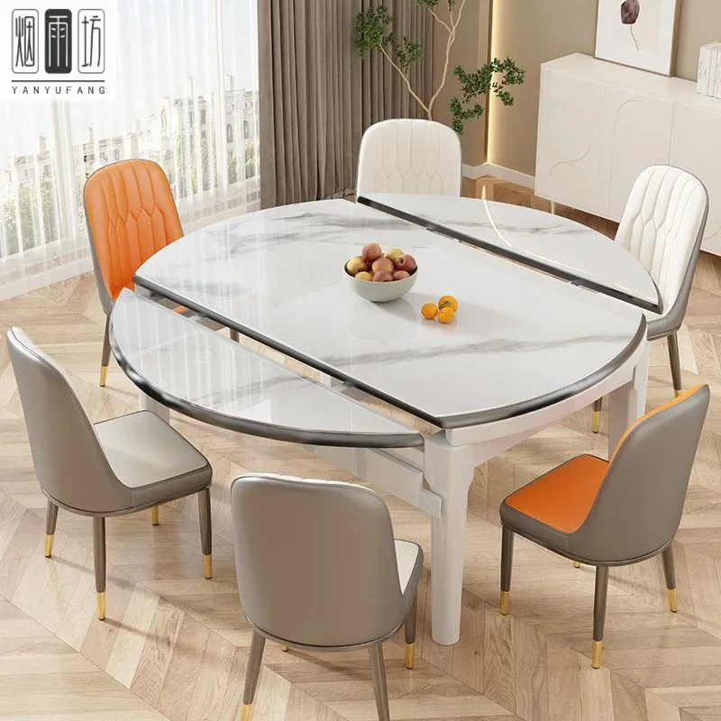 Simple wind rock slab dining table, free turntable, four tracks, glossy dining table and chair combination, retractable square