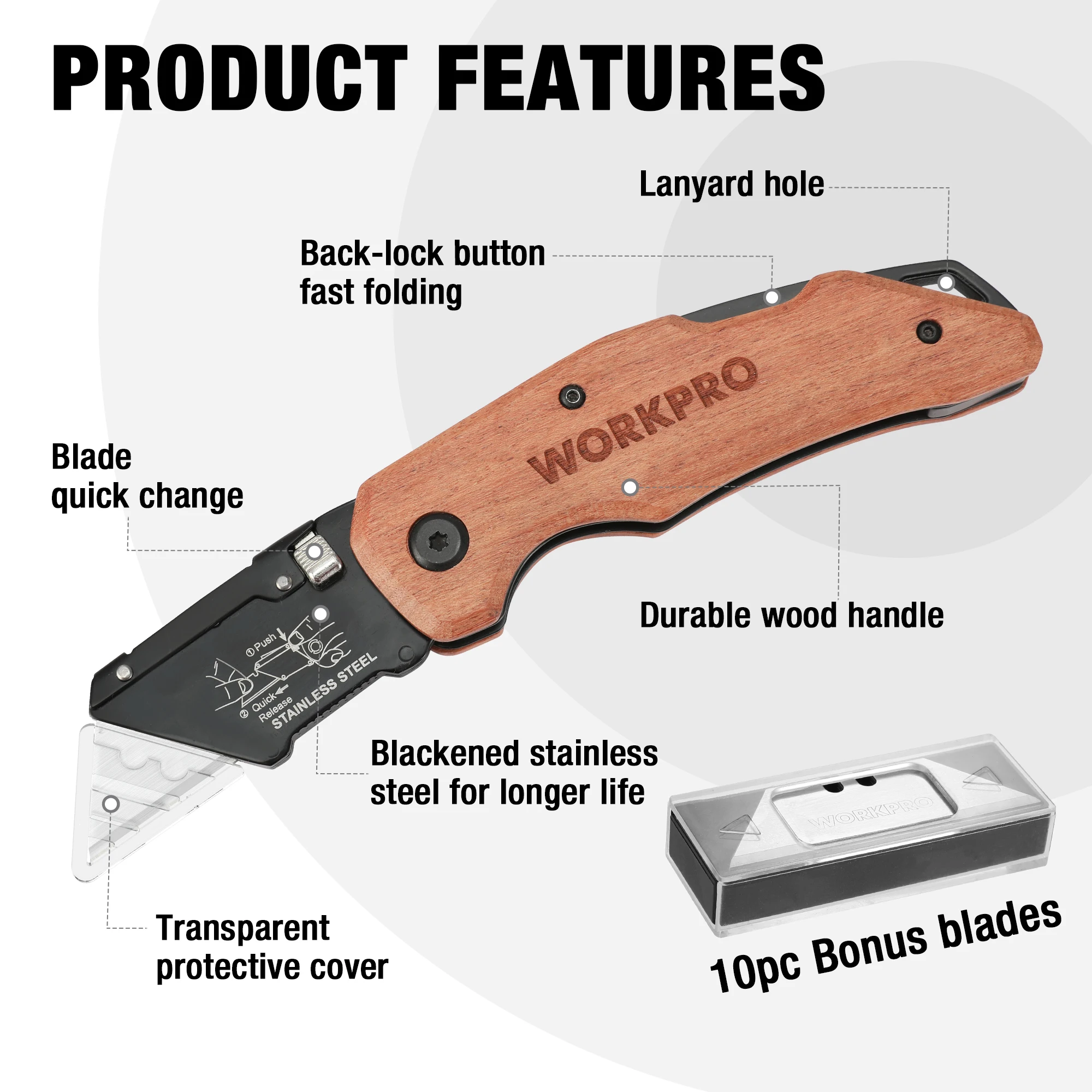 WORKPRO Wood Handle Folding Utility Knife, Box Cutter Replaceable Blade Heavy Duty Folding Box Cutter With 10 Blades
