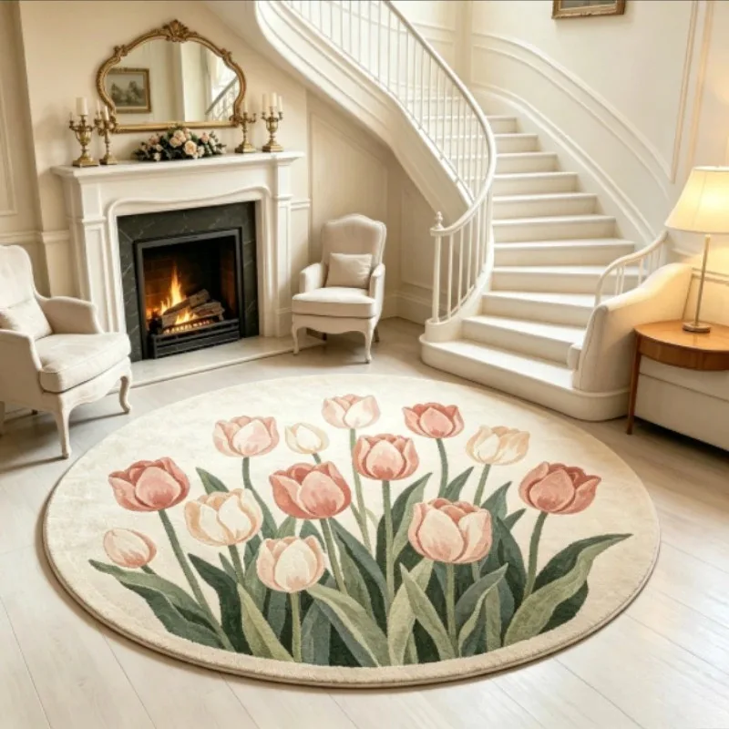 Elegant Garden Tulip Round Rug, Retro Pink‑Cream Tulip Flower Leaf Art Printed Circular Floor Mat for Living Room Bedroom