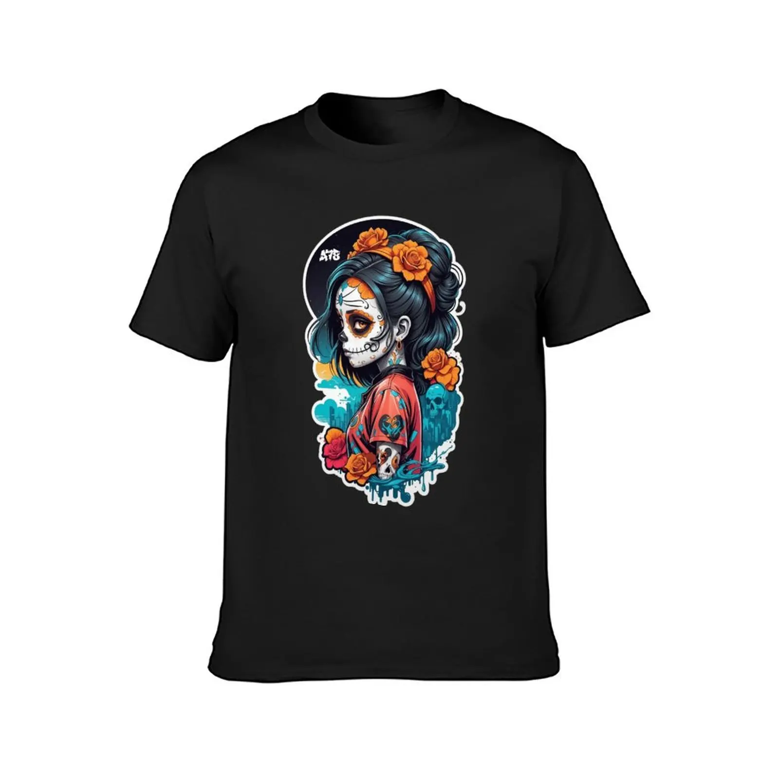 Sugar Skull Girl with Black Hair & Orange Flowers T-Shirt oversized Short sleeve tee graphics cute clothes designer t shirt men