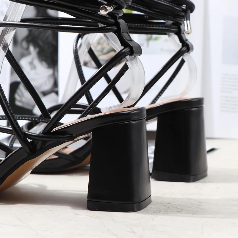 Women's Sandals 2022 Summer New Black PU Thin Strap Ankle Cross Straps High Heels Fashion Casual Thick Heel Women's Shoes 36-42