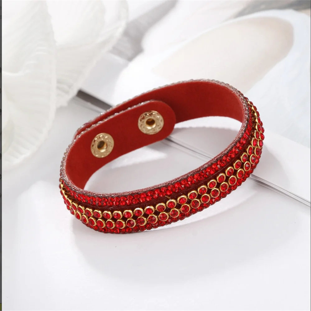 2022 Newest Fashion Women\'s Leather Wrap Bracelet Colorful Crystal Beads Metal Button Clasp Bracelet Handmade Jewelry Bohemian