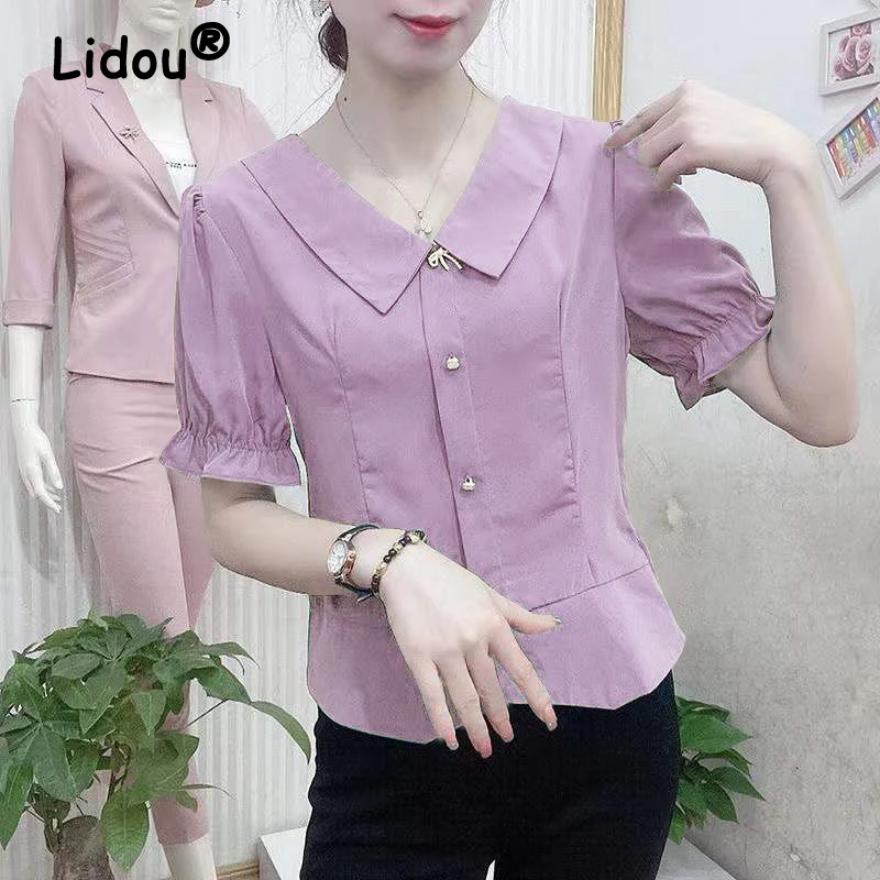 Women\'s Korean Fashion Elegant Chiffon Blouse Summer Casual Solid Slim Button Shirt Chic Irregular Tops Blusas Para Mujer 2024