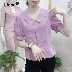 Women's Korean Fashion Elegant Chiffon Blouse Summer Casual Solid Slim Button Shirt Chic Irregular Tops Blusas Para Mujer 2024