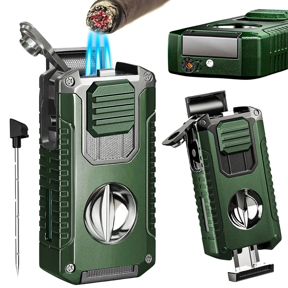 Briquet torche 3 jets avec coupe-cigare en V et perforateur – Briquet au butane coupe-vent – Flamme réglable en alliage de zinc – Coffret cadeau coupe-cigare – Cadeau d'anniversaire, de Noël ou de la Saint-Valentin