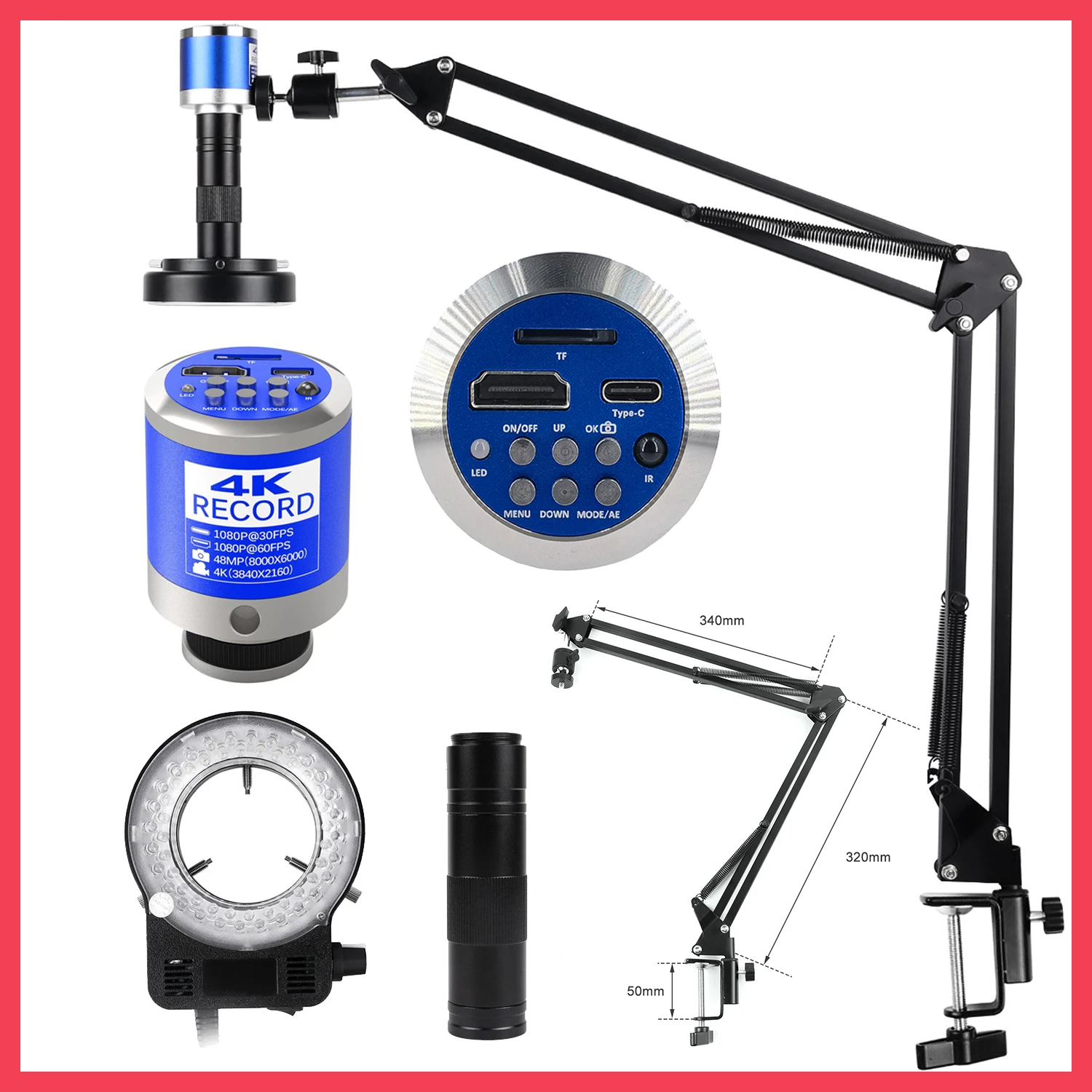 Microscopio Digital Industrial HDMI tipo C, cámara VGA, Zoom 1-150X, lente de montaje C, soporte en voladizo para soldadura de reparación