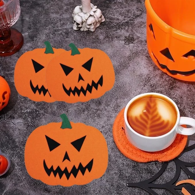 5pcs Pumpkins Coaster Felt  Drink Coaster Set Autumn Thanksgiving Halloween Drink Cup Pad Mats Bottle Mug Place Table Decoration