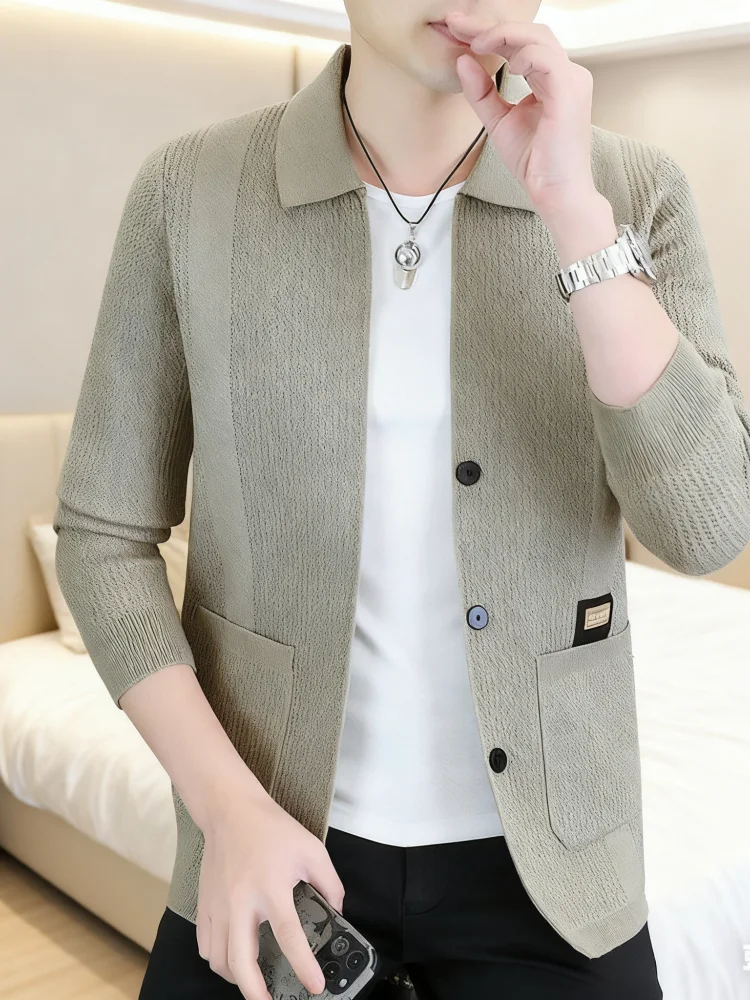 

Мужской весенний вязаный кардиган | Свитер на молнии с вышитым воротником для мальчиков-подростков | Повседневный пуловер с длинным рукавом