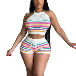 Women Suits Hhanging Neck Lace-up Sleeveless Backless Tops Female Casual Knitted Rainbow Stripes Two Piece Sets Slim Fit Shorts