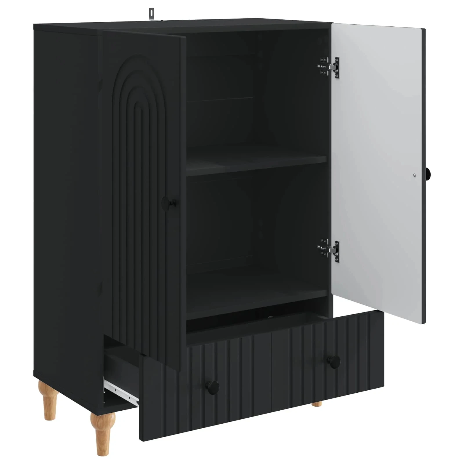 Un meuble de rangement avec tiroirs et portes battantes. Fabriqué en bois composite, il possède plusieurs étagères, tiroirs et espace de rangement pour organiser facilement divers objets. Son design élégant et unique combine esthétique et praticité.