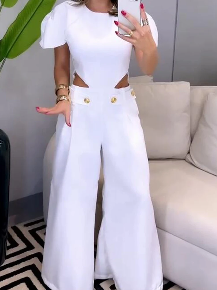 D​rauuing Jumpsuit Women Side Hollow Out Loose Wide Leg Pant Elegant Jumpsuit White Sexy Short Sleeve Cut Out Jumpsuit Women