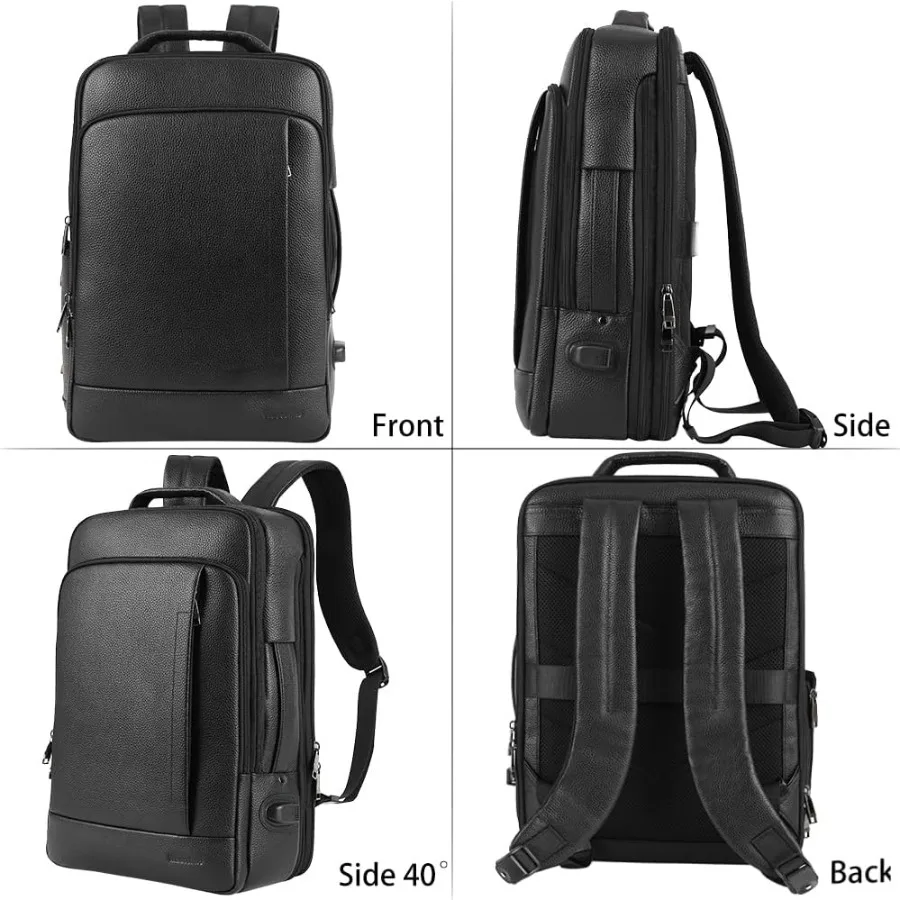 Ransel Kulit Asli Full Grain untuk Pria Multi-Fungsi Ransel Laptop 15.6 inci dengan Pengisian Daya USB Hitam Konvertibel untuk Bisnis