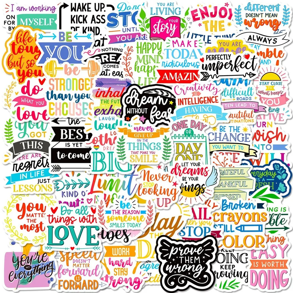 50Pcs Motivational Text Stickers, Trendy Short English Slogan Decals for Water Bottle DIY Aesthetic Decoration Papery Pop Store