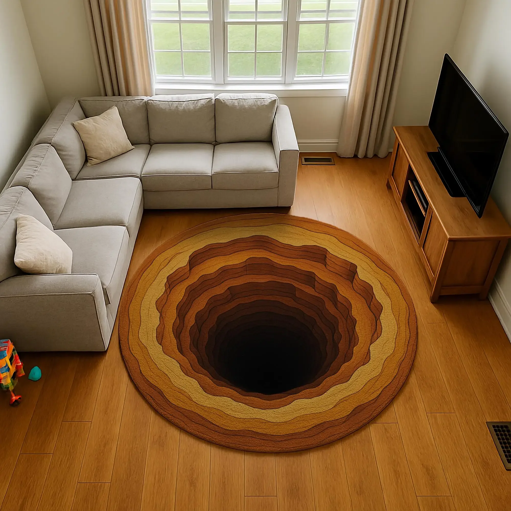 ~O~3D Desert Ochre Vortex Round Rug – Non-Slip Floor Mat for Living Room, Bedroom & Home Decor
