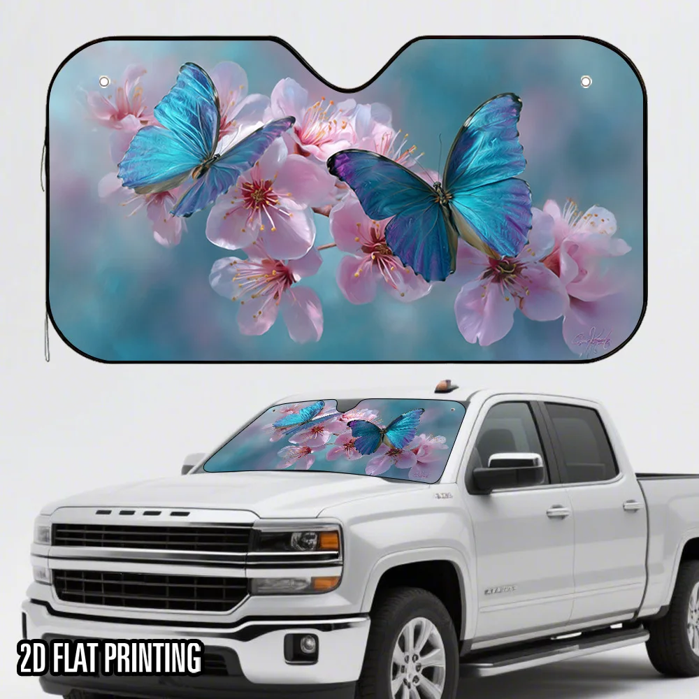 

1pc Butterfly & Cherry Blossom Car Sunshade - Pastel Pink Floral With Blue Butterflies, Foldable Sunshade With 4 Strong Suction