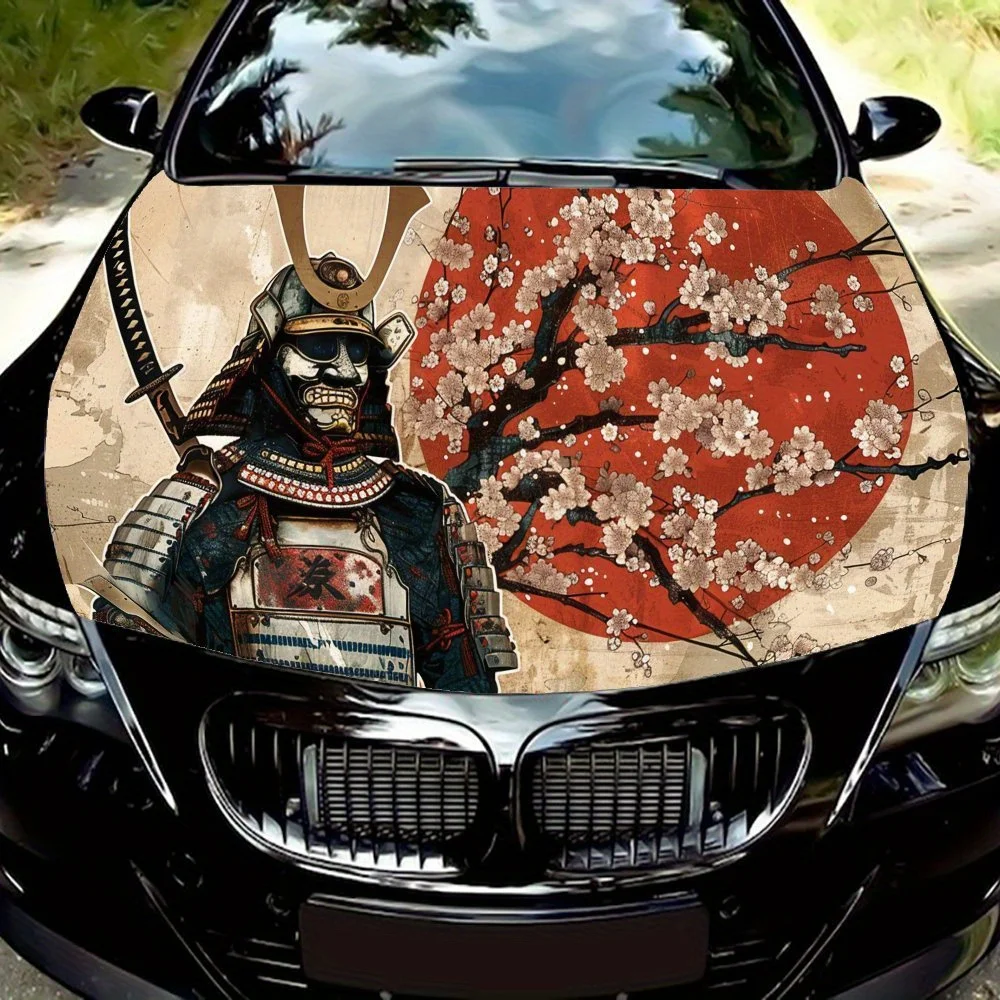 

Red Sun Plum Blossom Japanese Armored Warrior Sword Car Hood Vinyl Wraps Sticker, Car Engine Decal, Waterproof Self-adhesive Car
