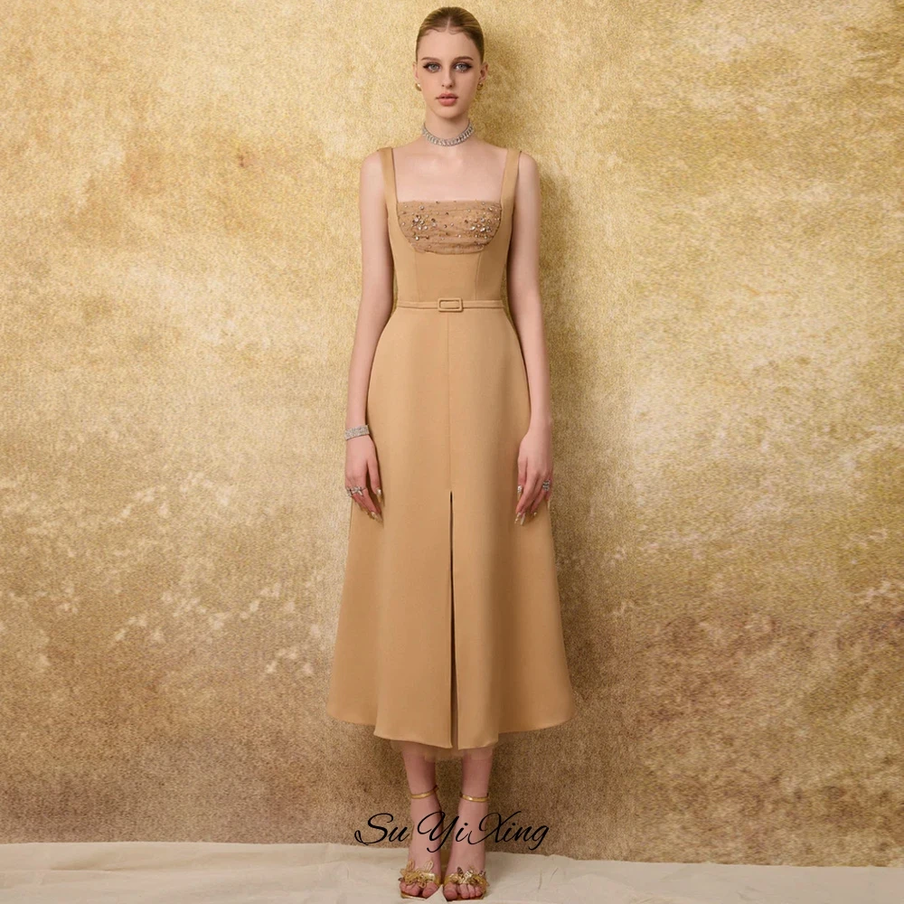 Formal Square Collar Sleeveless Evening Dress Customized A-Line Jersey Robe de soirée Exquisite Crystal Front Slit Party Dresses image 3