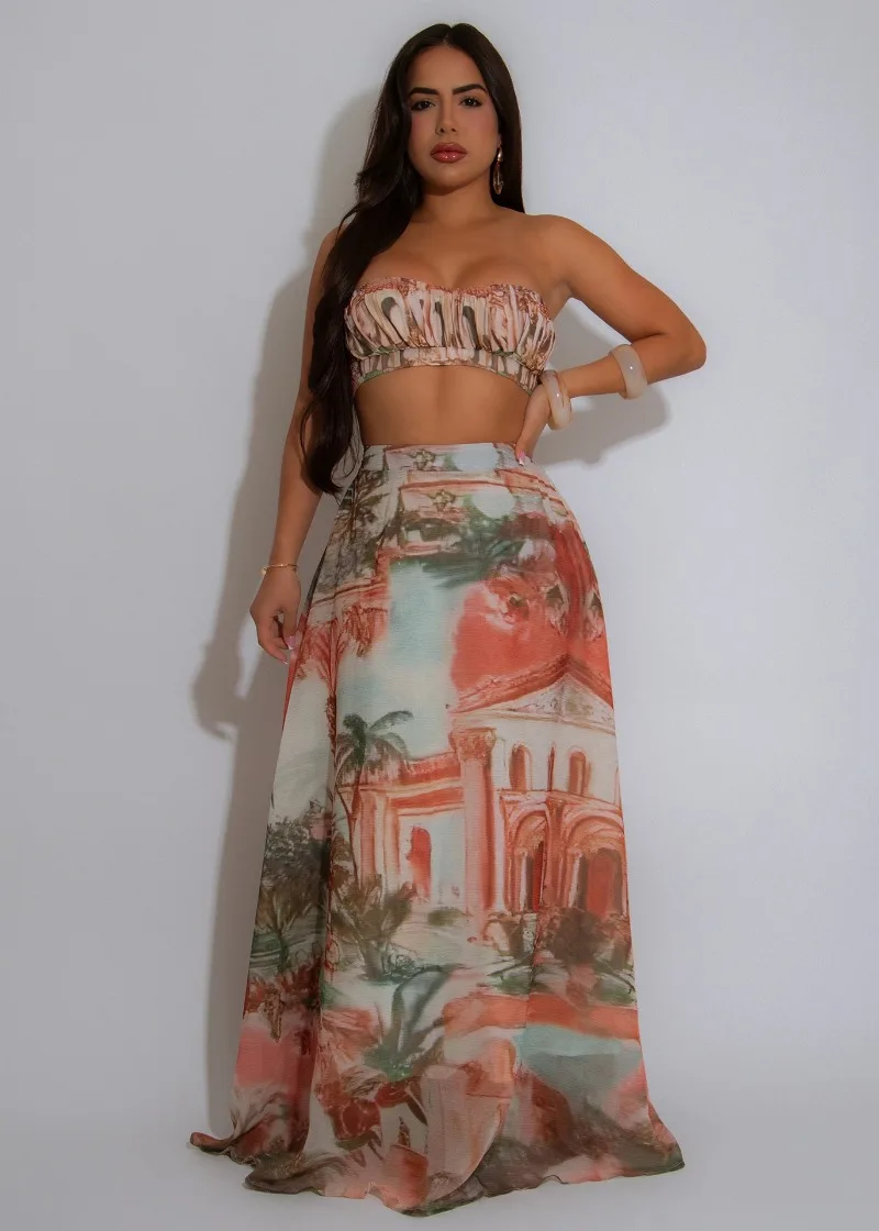 

GUWU Fashion Pint Women's Dress Set Strapless Crop Top and Big Swing Maxi Long Skirt Suit 2025 Holiday Two 2 Piece Set Outfit