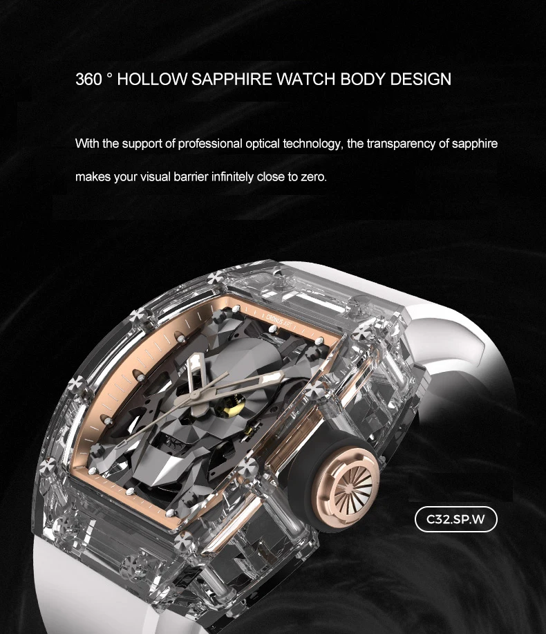 CRONUSART Men Automatic Watch Sapphire Case 50mm*42mm Tonneau Mechanical Wristwatch Luminous Fluororubber Strap Skeleton Dial