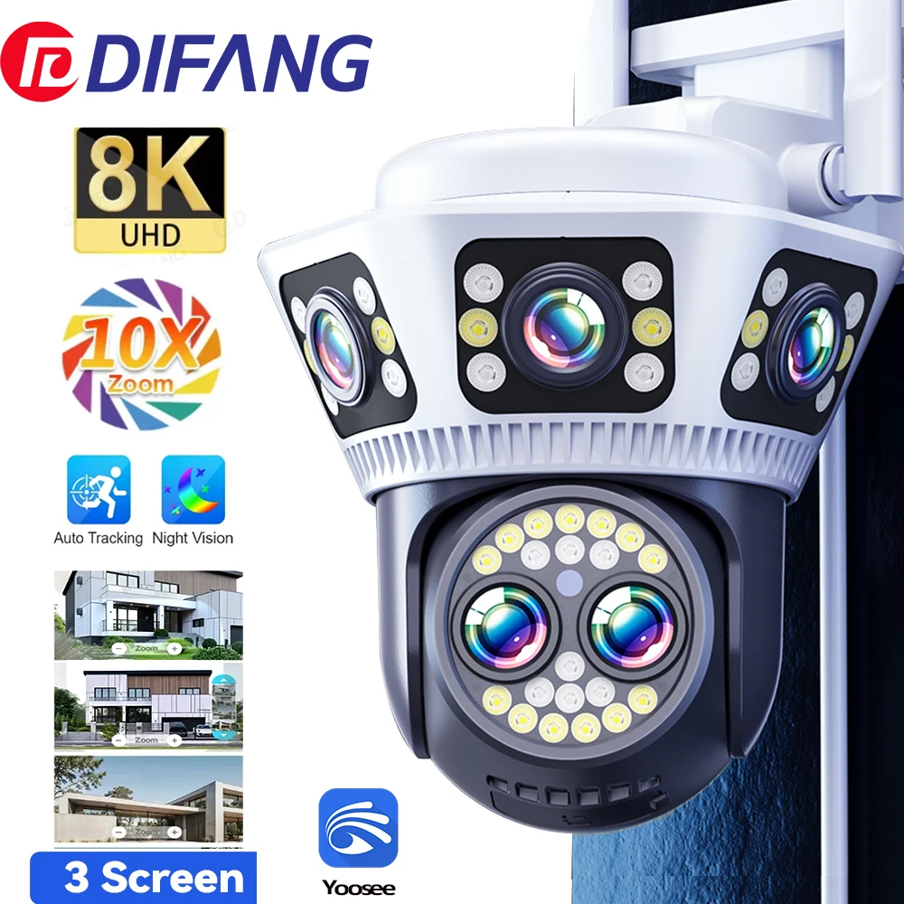 8K Security WiFi Camera 10X Optical Zoom Three Screen Wireless Surveillance Cam  Auto Tracking Yoosee 12MP Network CCTV Camera