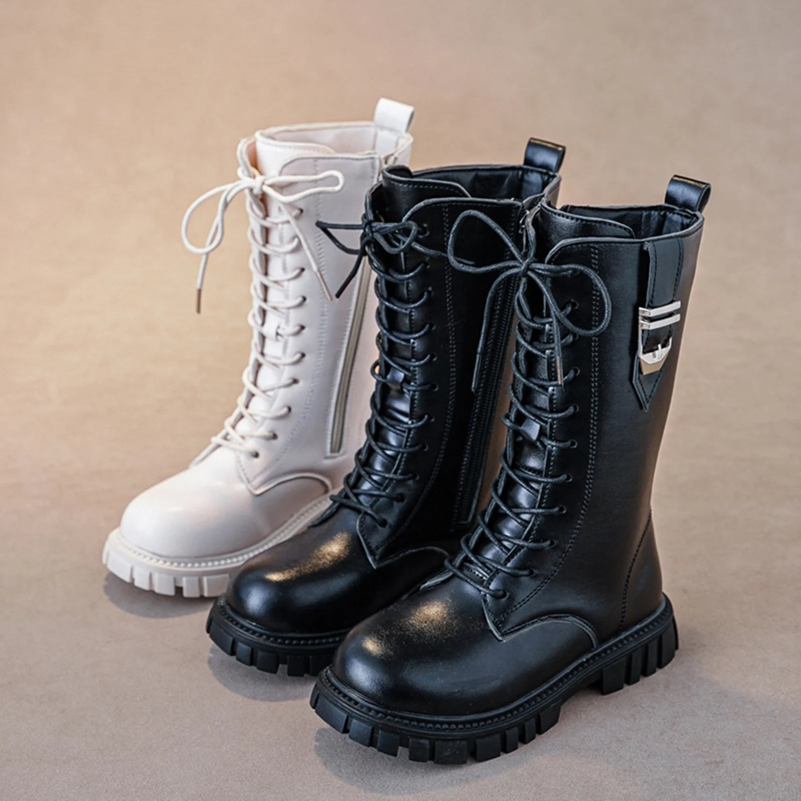 

Girls Fashion Korean Style Causal Versatile Boots Classic Round Toe Warm PU Leather Chunky Heel Boots High Street Midsole Shoes